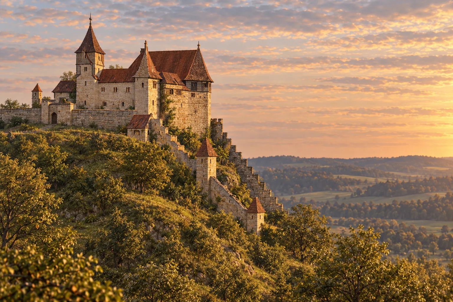 Die Burg auf dem Schlossberg um 1600. Rekonstruktion (KI-gestützt) nach dem Merian-Stich von 1643.