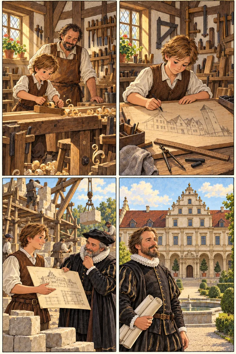 Comicseite: der junge Heinrich Schickhardt in der Schreinerwerkstatt. Rekonstruktion (KI-gestützt) als Comic.
