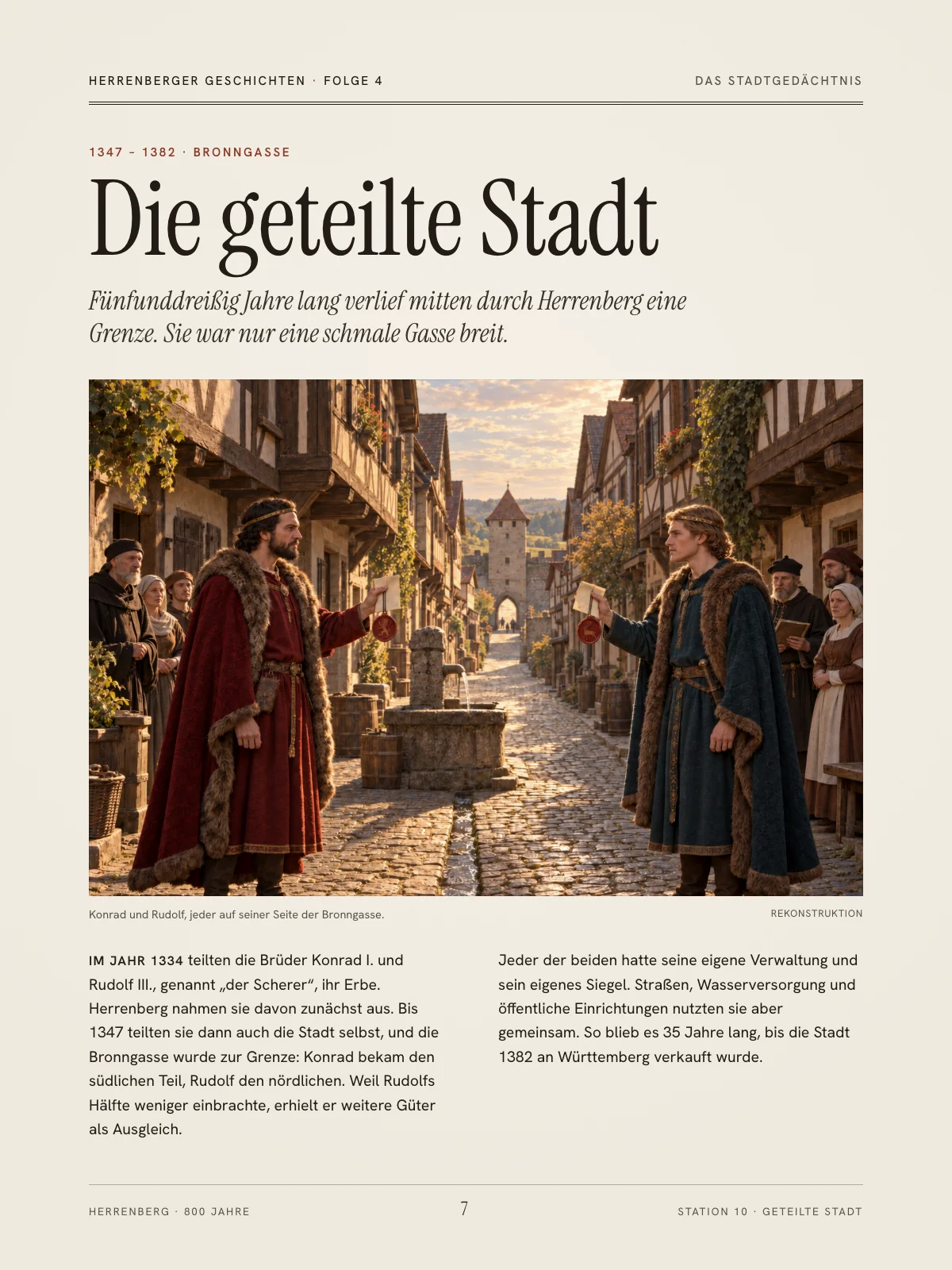 Heftseite „Die geteilte Stadt“: die Brüder Konrad und Rudolf in der Bronngasse. Rekonstruktion (KI-gestützt).