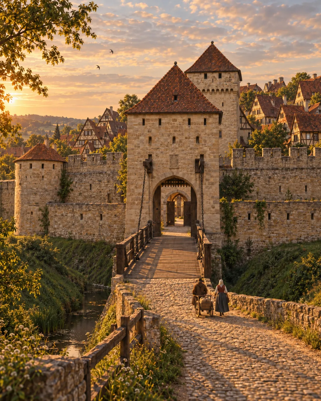 Das Bronntor, ein Doppeltor mit Zugbrücke in der Stadtmauer. Rekonstruktion (KI-gestützt).