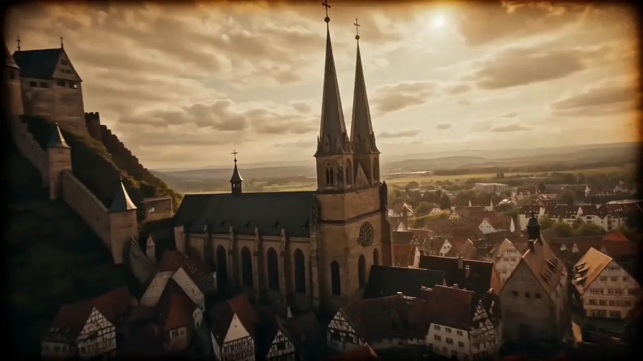 Die Stiftskirche mit zwei spitzen Türmen, wie sie bis 1742 aussah. Rekonstruktion (KI-gestützt) nach dem Merian-Stich von 1643.